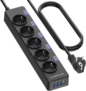 Steckdosenleiste Einzeln Schaltbar, 5 Fach Mehrfachsteckdose mit 1 USB-C und 3 U