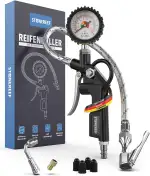 Reifenfüller mit drehbarem Manometer [inkl. Adapter & Ersatzkappen] – Reifendruckfüller für Werks...