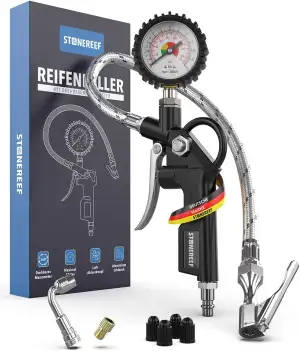 Reifenfüller mit drehbarem Manometer [inkl. Adapter & Ersatzkappen] – Reifendruc