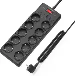 IECOPOWER 10-Fach Mehrfachsteckdose,Steckdosenleiste mit USB(PD 20W 2 USB-C Ports und 2 USB-A Ports), Steckdosenleiste überspannungsschutz,4000W/16A,1050 J, mehrfachsteckdose 2m mit Schalter,Schwarz