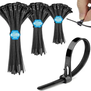 Kabelbinder Schwarz Wiederverschließbar UV Beständig,150 Stück Set 150/200/300mm