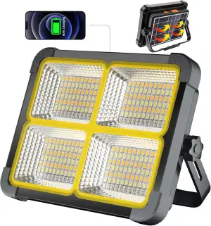 100W LED Baustrahler Akku mit Solar, 10000LM wiederaufladbare Arbeitsleuchte mit
