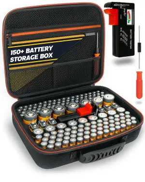 AKIELO+ Batterie Aufbewahrungsbox Mit Universalem Tester und Schraubendreher (Ed