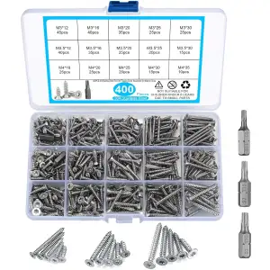 400 Stück Selbstschneidendes Schrauben-Sortiment-Set, Edelstahl-Senkkopf-Torx-Se