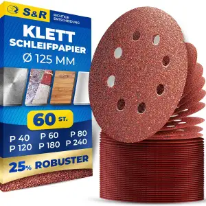 S&R Klett Schleifpapier Set 125 mm, Meister, 8 Löcher, 60 St Schleifblätter, Sch
